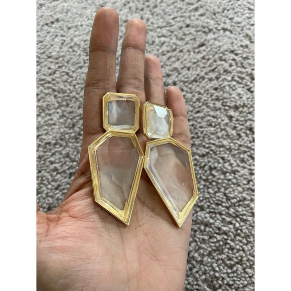 Large Gold clear earring chunky white acrylic crystal bold 3.75” - Picture 3 of 9